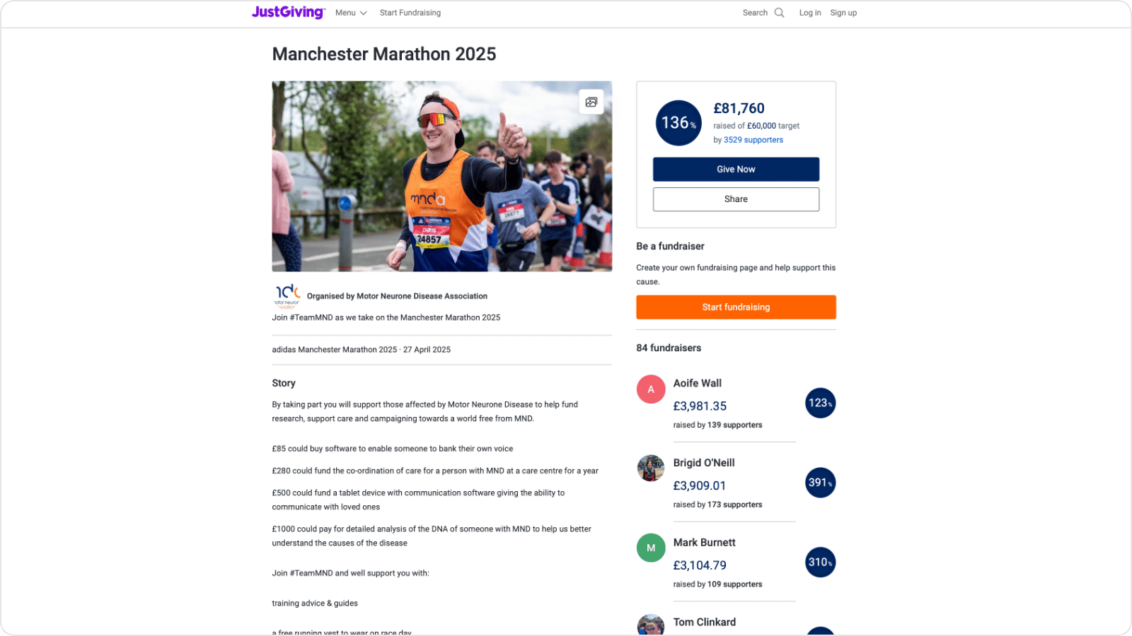 Screenshot of Motor Neurone Disease Association's Manchester Marathon 2025 JustGiving Campaign Page, showing a menu of recommended donation amounts in their page's story section.