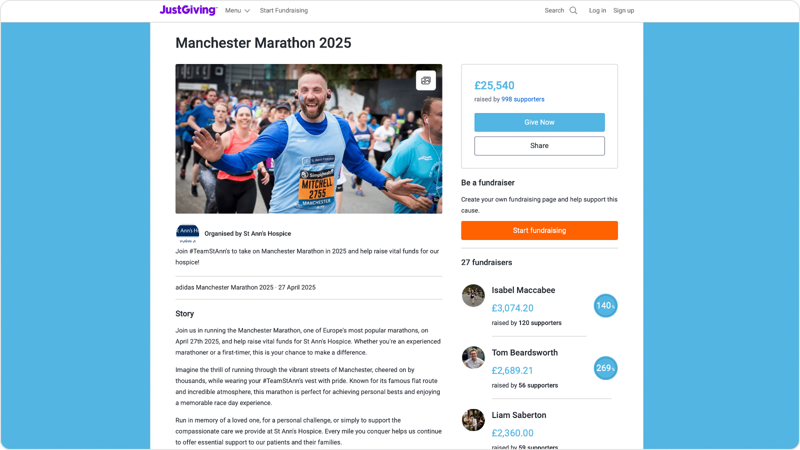 Screenshot of St Ann's Hospice's Manchester Marathon 2025 JustGiving Campaign Page, showing the charity's branded Give Now button, background, and cover.