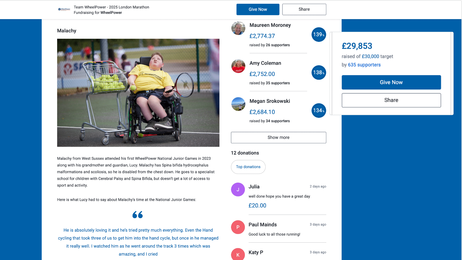Screenshot of WheelPower's London Marathon 2025 JustGiving Campaign Page, highlighting two of the charity's fundraisers in their page's story section.
