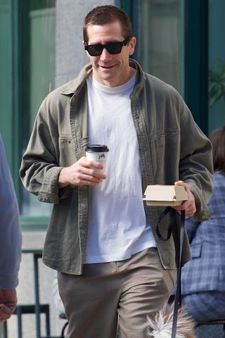 Jake Gyllenhaal was all smiles as he left a cafe in Tribeca on a sunny morning stroll with his dog BACKGRID Jake Gyllenhaal.