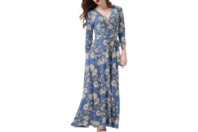 Aphratti Women's Maxi Dresses Summer 3/4 Sleeve V Neck Faux Wrap Flowy Spring Long Floral Maxi Dress Amazon