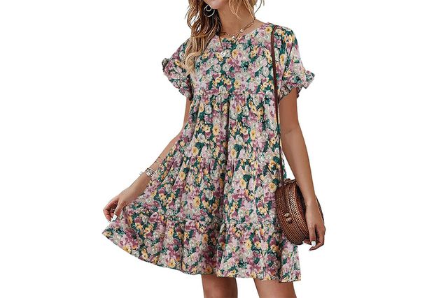 Imysty Womens Boho Floral Ruffle Sleeve Babydoll Loose Flowy Casual Summer Pleated Mini Dress Amazon