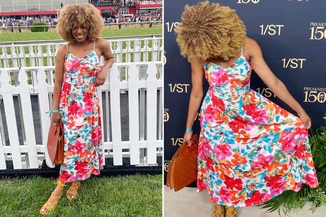 A person modeling a floral print dress in two poses, outdoor and indoor settings, holding a brown bag People (2)
