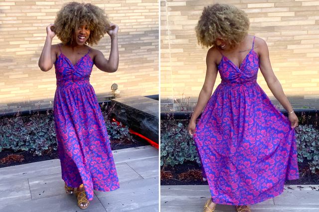 A person wearing a floral dress displayed in two poses, taken in an outdoor setting People (2)