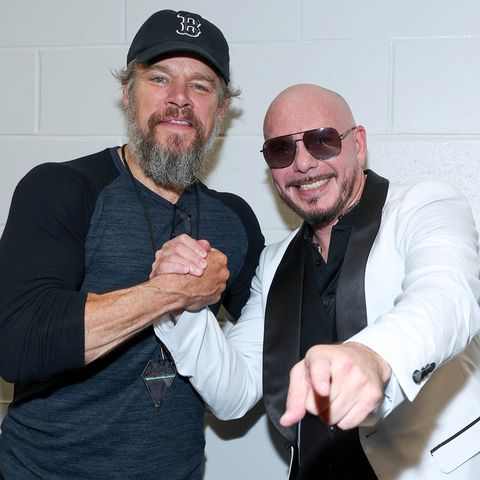Matt Damon and Pittbull pose backstage during Shakira: Las Mujeres Ya No Lloran World Tour - New Jersey Night Two at Met Life Stadium on May 16, 2025 in East Rutherford, New Jersey. Kevin Mazur/Getty Matt Damon and Pittbull