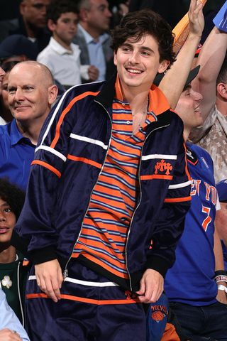 Timothee Chalamet attends a game between the Boston Celtics and the New York Knicks during Round 2 Game 6 of the 2025 NBA Playoffs on May 16, 2025 at Madison Square Garden in New York City, New York. Nathaniel S. Butler/NBAE via Getty Timothée Chalamet