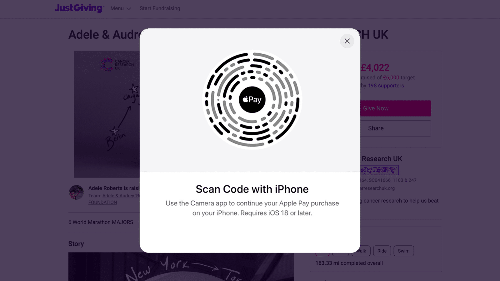 Desktop image showing a screenshot of the Apple Pay QR code a donor will see, then can scan to complete their donation when on desktop.