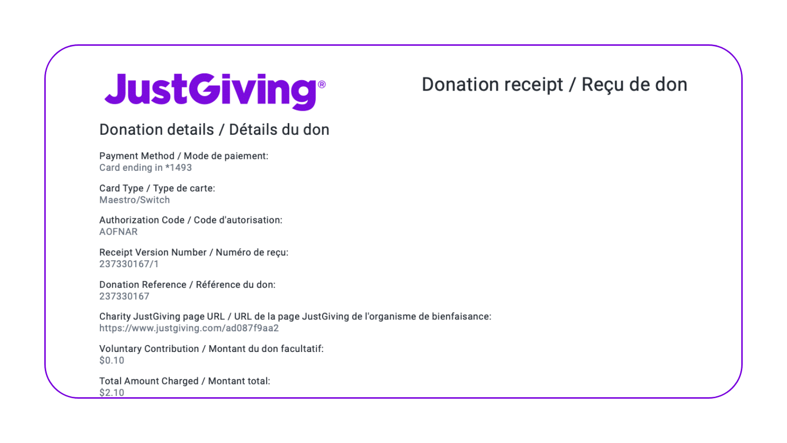 Screenshot of a PDF receipt delivered to. JustGiving donors in Canada, showing donation details in both English and French.