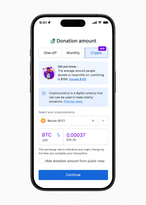Smartphone showing a screenshot of a donation being made in bitcoin on the JustGiving mobile website.