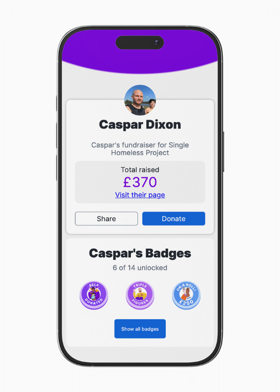 Smartphone showing a screenshot of a fundraiser's Fundraising Heroes profile, showing how much they've raised for charity, plus the badges they've unlocked on JustGiving.