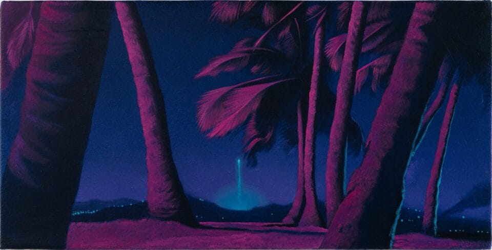a wide horizontal painting of trees illuminated pink at night, with a mysterious illumination in the distance near the horizon