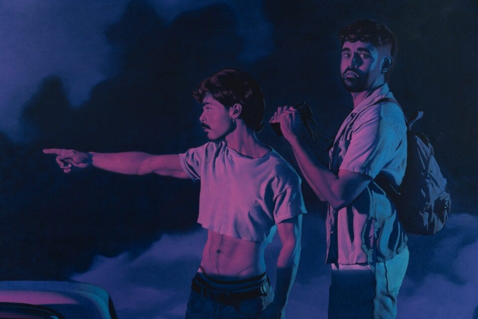 a detail of a painting of two male figures at night, standing together and looking toward something just out of the frame