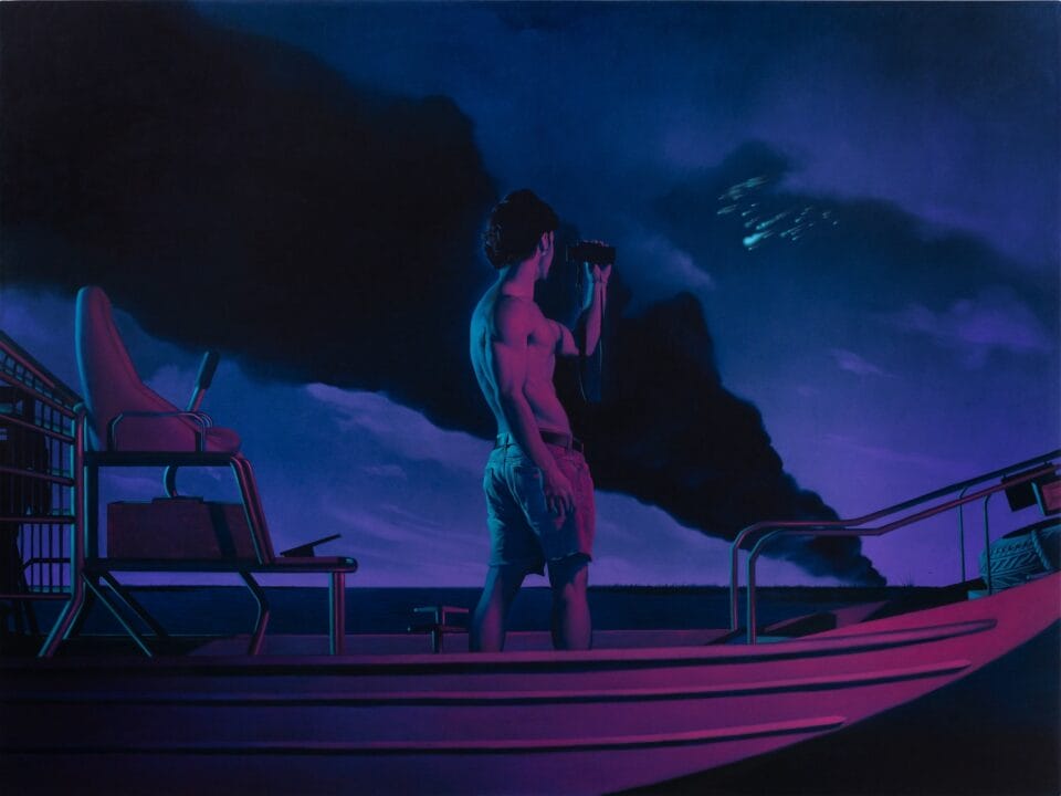 a painting of a male figure standing in a boat at night, looking away from the viewer toward a plume of black smoke
