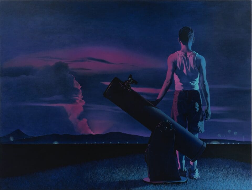 a painting of a male figure looking out at smoke along a distant horizon at night