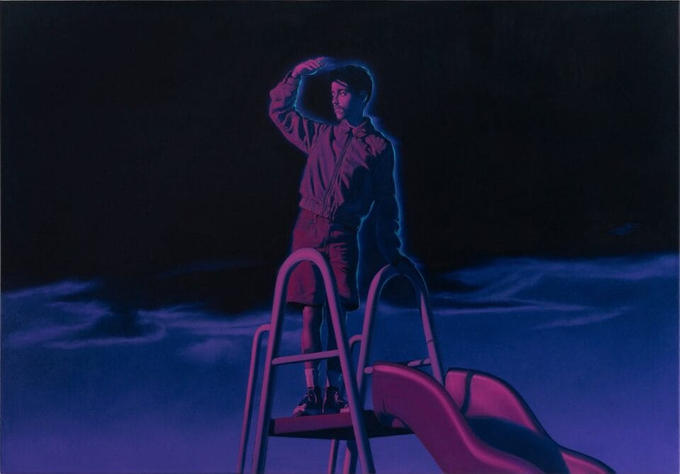 a painting of a male figure standing on a playground slide at night, looking out into the distance