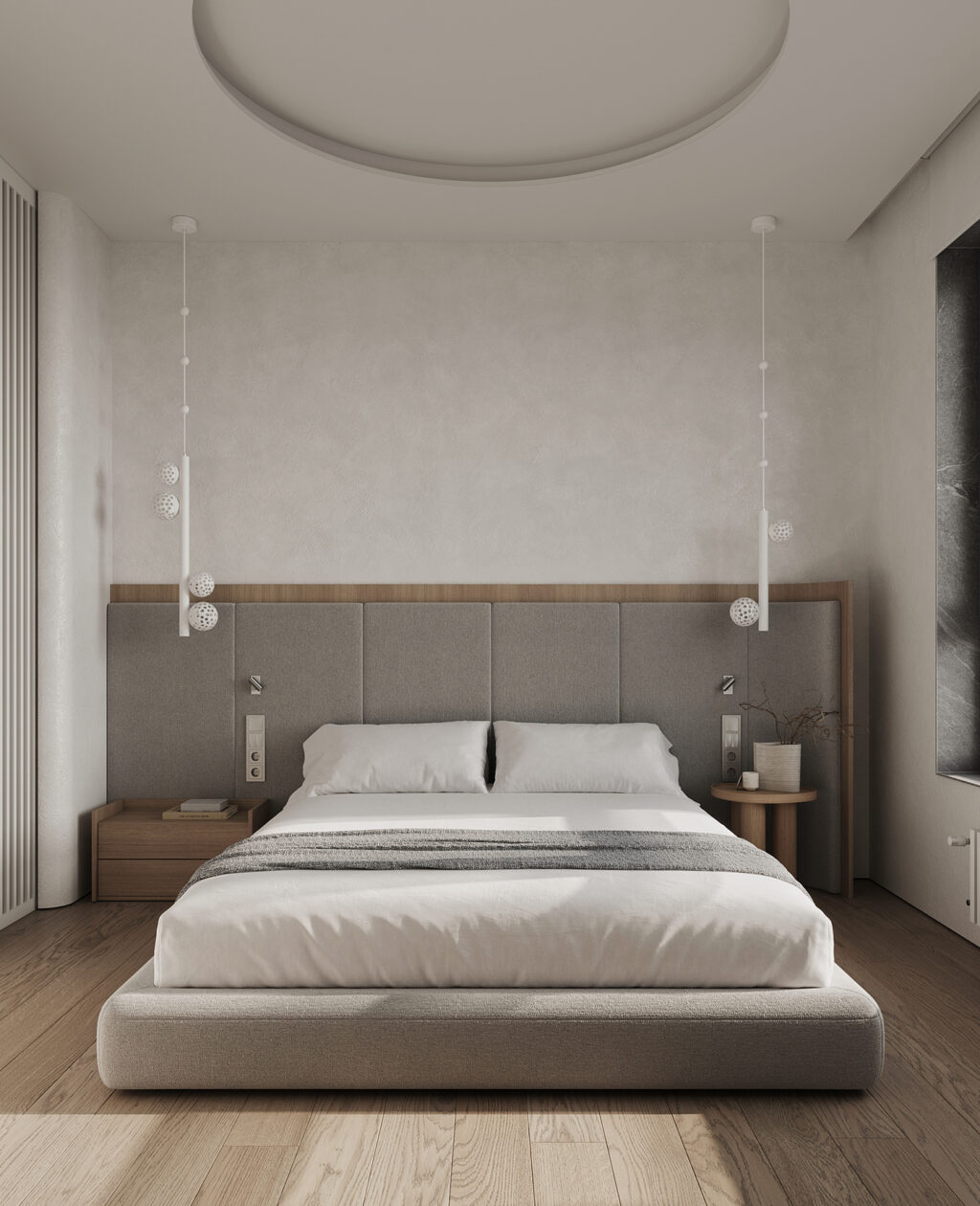 modern bedroom with wooden floor